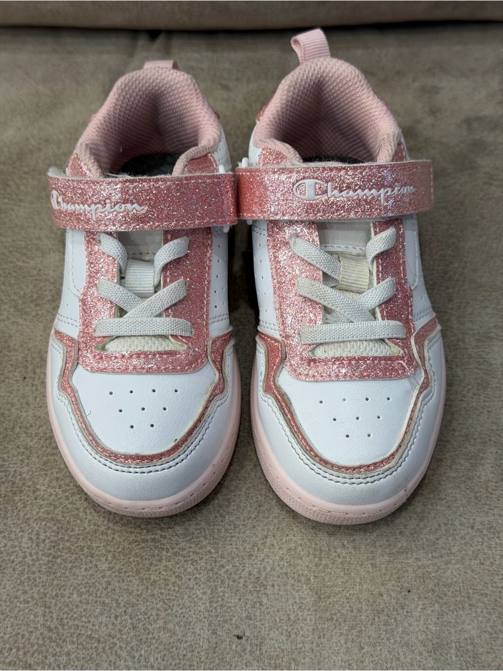 Champion Lore Girls Glitter Sneakers Toddler 8T White Pink Rose Gold Velcro